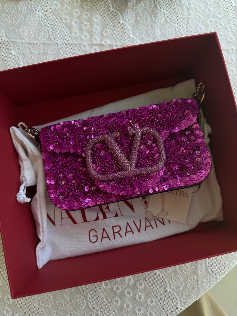 Valentino Garavani Fuchsia Sequin V-Buckle Mini Shoulder Bag